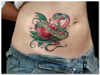 Snake With Apple Tat On Stoamach