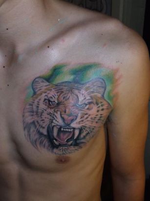 Tiger Tat On Man Chest