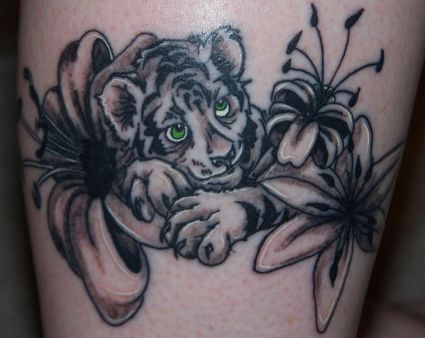 Tiger Cub And Flower Tattoo