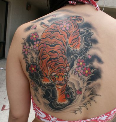 Tiger And Flower Tattoo On Back