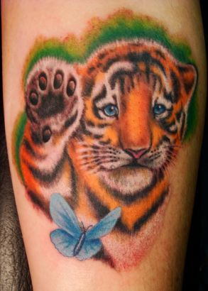 Tiger Cub And Butterfly Tattoo