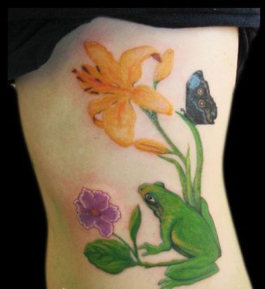 Frog,butterfly And Flower Tattoo