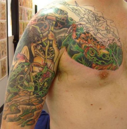 Frog Tattoo On Chest And Half Sleeve