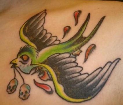 Flying Bird With Small Skull Tattoo