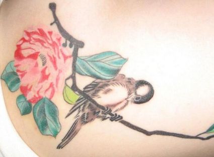 Bird With Flower Branch Tattoo