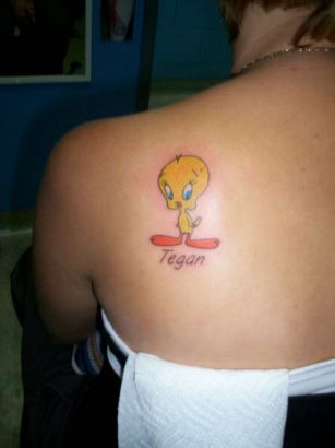 Tweety Bird Tattoo On Left Shoulder Blade