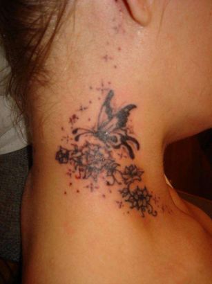 Butterfly And Flower Pic Tattoo On Neck