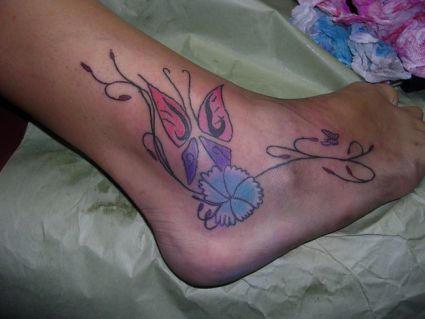 Butterfly And Flower Tattoo On Ankle