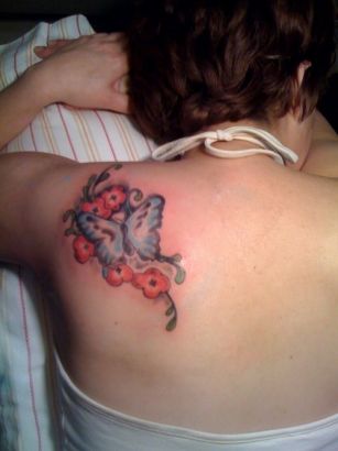 Butterfly And Flower Tattoo On Left Shoulder Blade