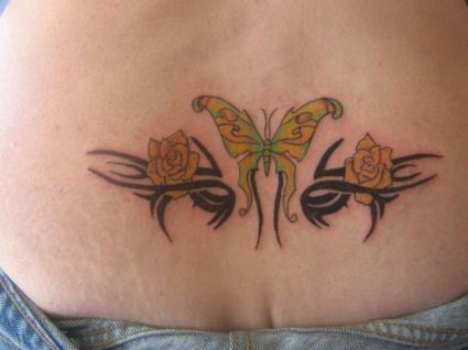 Butterfly And Rose Flower Tattoo On Lower Back