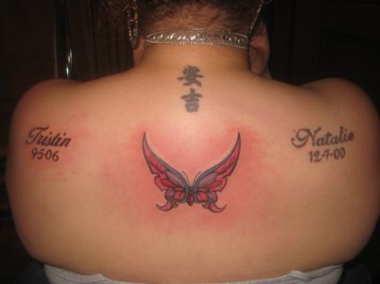 Butterfly And Text Pic Tattoo On Back