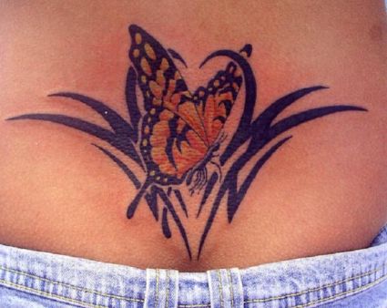 Butterfly And Tribal Pic Tattoo On Lower Back