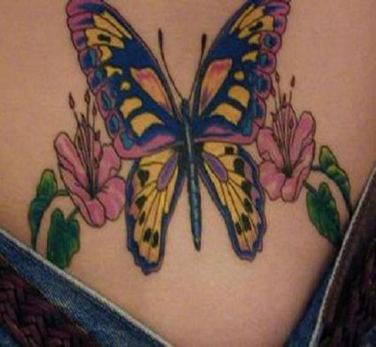 Flower And Butterfly Image Tattoos On Lower Back