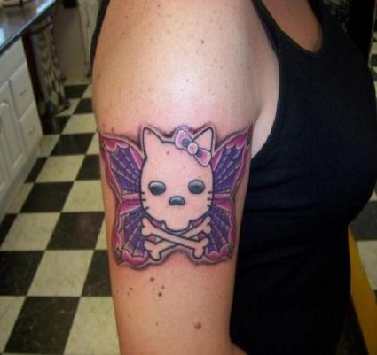 Kitty Skull Butterfly Pic Tattoo On Arm