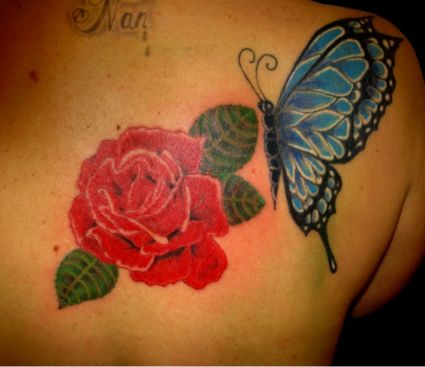 Rose And Butterfly Pic Tattoo On Back