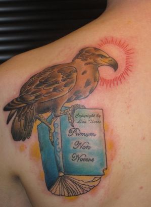 eagle with Primum NOn NOcere magazine tattoo design on left shoulder blade. Birds tattoos, Eagle tattoos, Tattoos of Birds, Tattoos of Eagle, Birds tats, Eagle tats, Birds free tattoo designs, Eagle free tattoo designs, Birds tattoos picture, Eagle tattoos picture, Birds pictures tattoos, Eagle pictures tattoos, Birds free tattoos, Eagle free tattoos, Birds tattoo, Eagle tattoo, Birds tattoos idea, Eagle tattoos idea, Birds tattoo ideas, Eagle tattoo ideas, eagle with Primum Non Nocere magazine tattoo