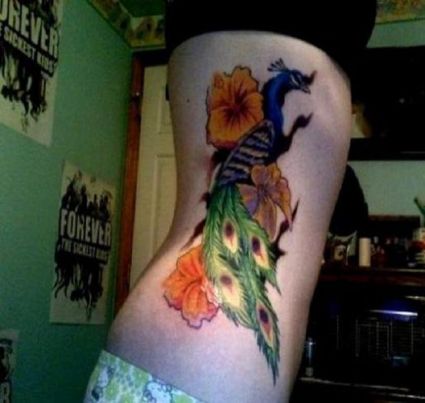 Peacock And Flower Tattoo On Rib