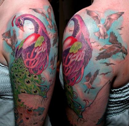 Peacock And Birds Tattoo On Arm