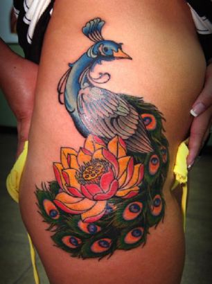 Peacock And Lotus Tattoo On Hip And Thigh