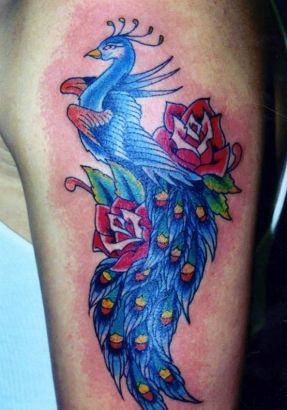 Peacock And Rose Tattoo On Arm