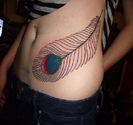 Peacock Feather Tattoo On Side Stomach