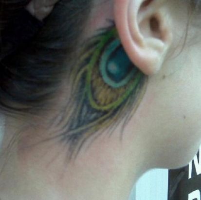 Peacock Feather Tattoo On Back Of Ear