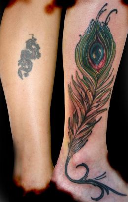 Peacock And Dragon Tattoo On Leg