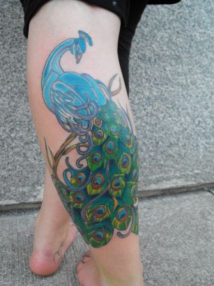 Peacock Tattoo On Calf