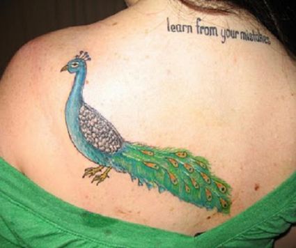 Peacock And Text Tattoos Back
