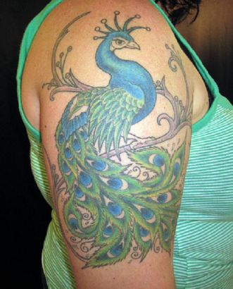 Peacock Tattoo On Right Arm Of Girl