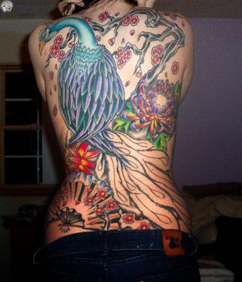 Peacock And Cherry Blossom Tattoo On Back