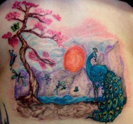 Peacock And Cherry Blossom Back Tattoos