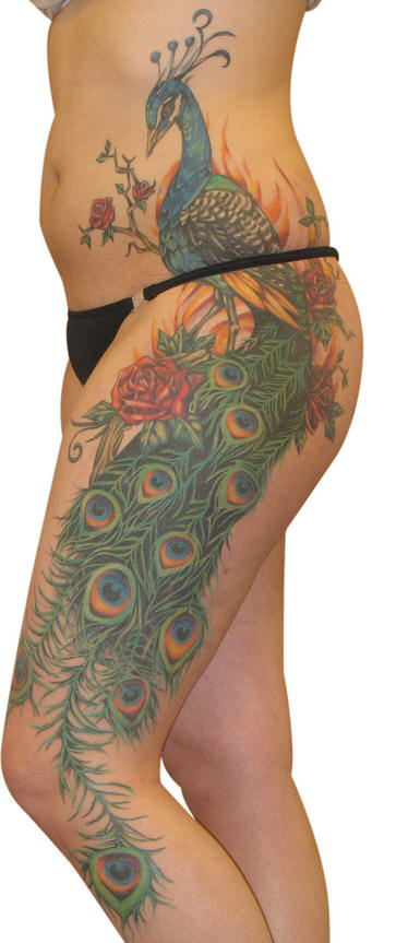 Peacock on Hip for Girls Tattoo Idea