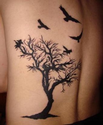 Flying Birds On Tree Pic Tattoo On Back