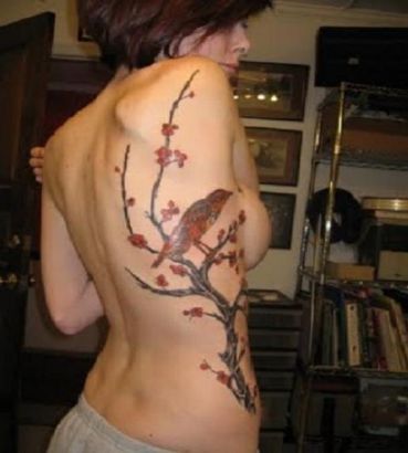 Bird And Cherry Blossom Tree Tattoo On Rib Of Sexy Girl