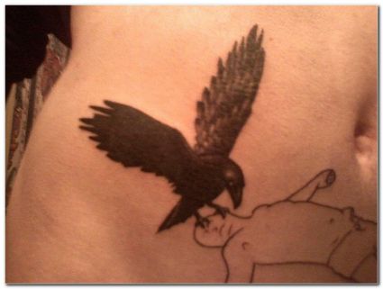 Bird Sit On Head Of Dead Body Tattoo On Stomach