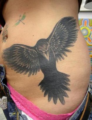 Black Crow Pic Tattoo On Side Stomach