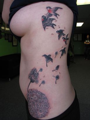 Dandelion And Birds Tattoo On Rib Of Girl