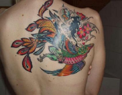 Chinese Phoenix Pic Tattoo On Back