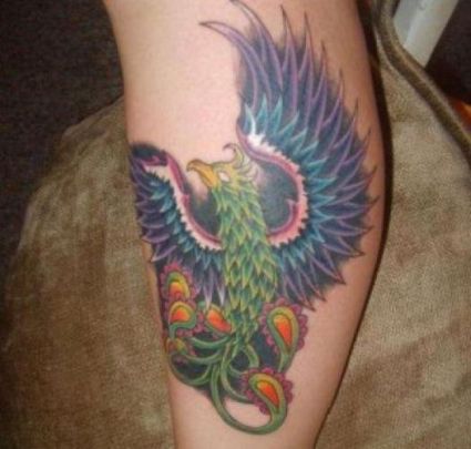 Chinese Phoenix Pic Tattoo On Calf