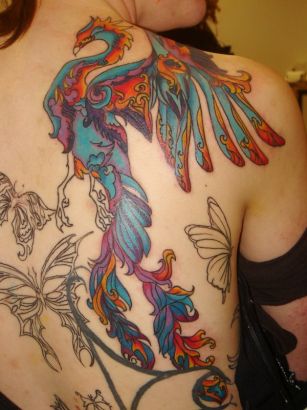 Phoenix And Butterfly Tattoo On Back