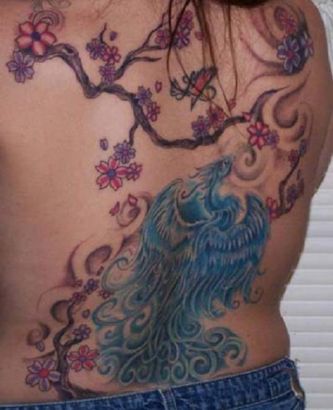 Phoenix And Cherry Blossom Tree Pic Tattoo On Back