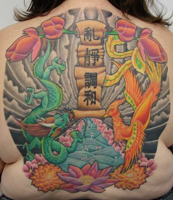 Phoenix And Dragon Pic Tattoo On Full Back