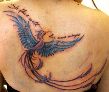 Phoenix And Texts Image Tattoo On Back