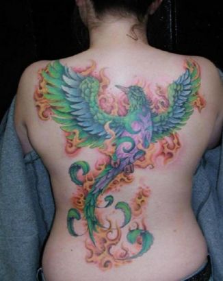 Phoenix Image Of Tattoo On Back Of Girl