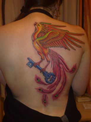 Phoenix With Key Pic Tattoo On Back