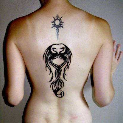 Tribal Phoenix And Sun Tattoo On Back