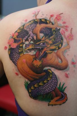 Dragon And Cherry Blossom Tree Tattoo On Back