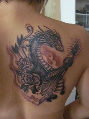 Flower And Dragon Tattoo On Back