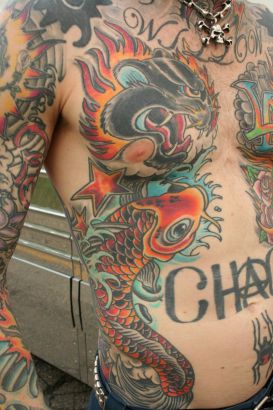 Koi Fish Tats On Man's Stomach